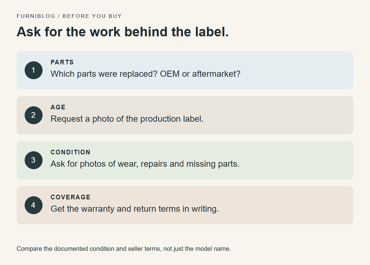 Request parts history, production-label photos, condition photos and written coverage. Illustration: Furniblog.